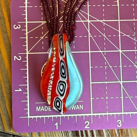 Multi Strand Red Seed Bead Necklace & Dichroic Art Glass Pendant - adjustable - Picture 7 of 7